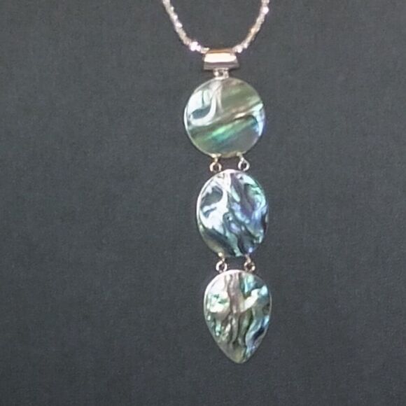 Abalone Shell Pendant Drop Necklace Triple Teardrop Circle Design Chain Sterling - Picture 4 of 8